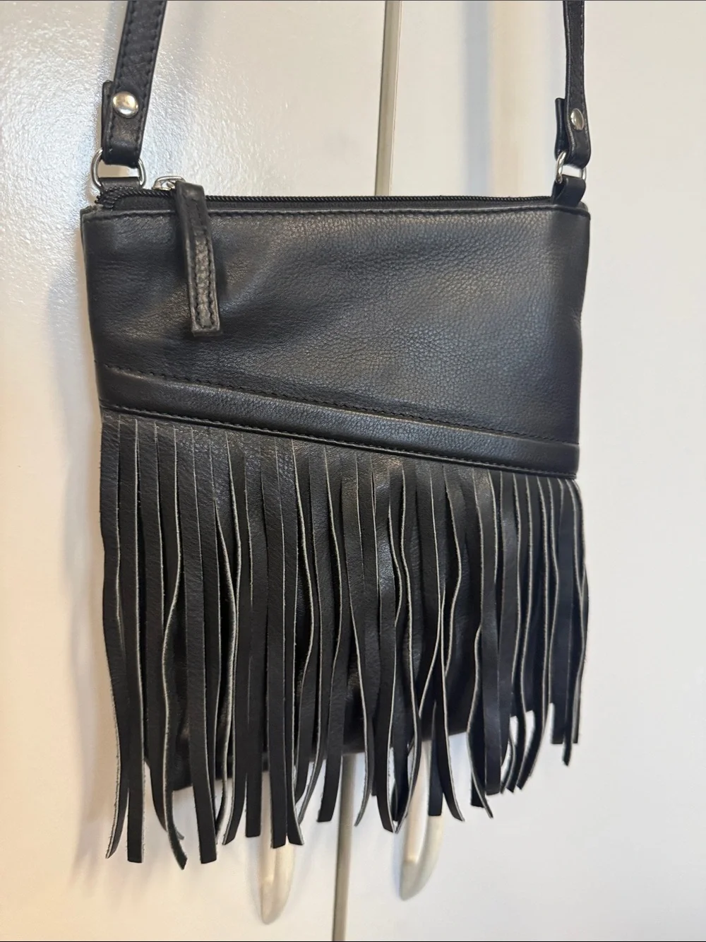 New Black Fringe crossbody Bag - biker, Core, festival, vegan leather.